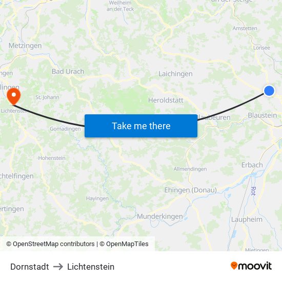 Dornstadt to Lichtenstein map