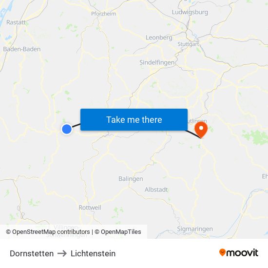 Dornstetten to Lichtenstein map