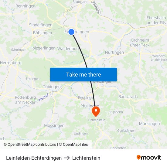 Leinfelden-Echterdingen to Lichtenstein map