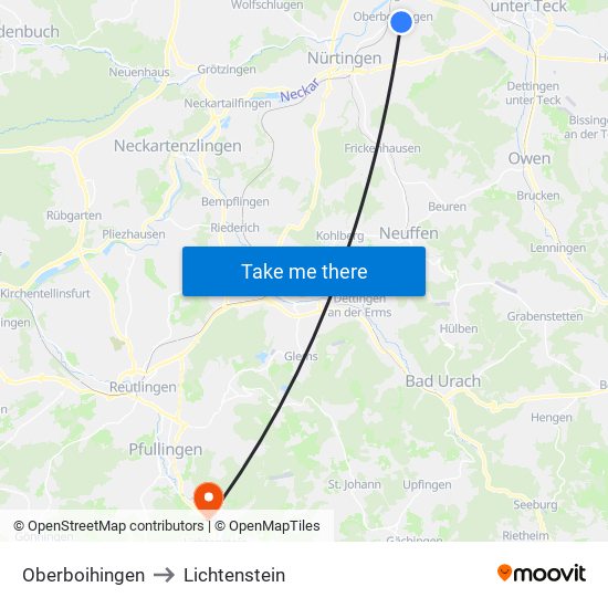 Oberboihingen to Lichtenstein map