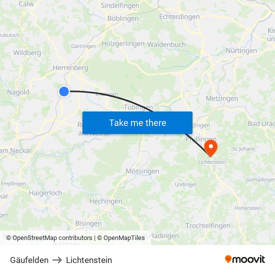 Gäufelden to Lichtenstein map