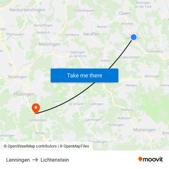 Lenningen to Lichtenstein map