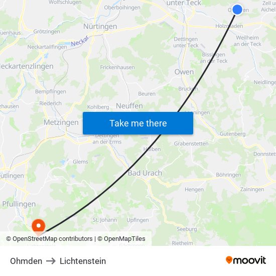 Ohmden to Lichtenstein map