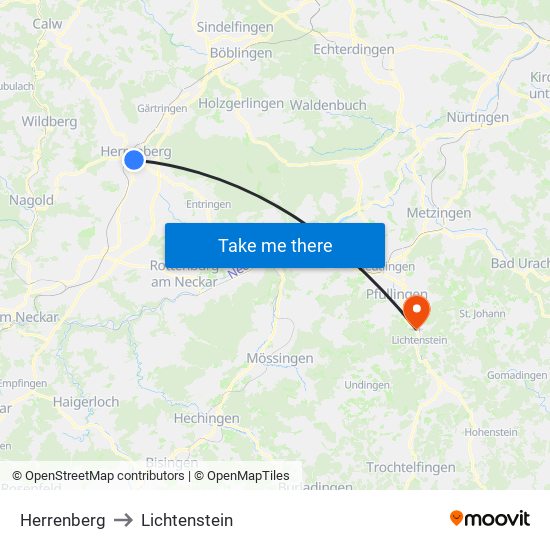 Herrenberg to Lichtenstein map