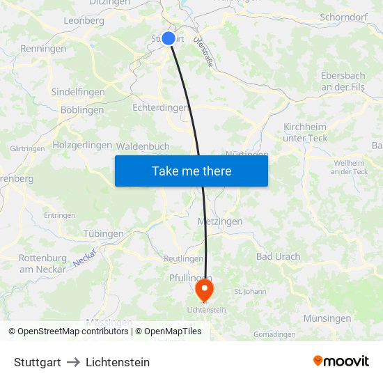 Stuttgart to Lichtenstein map