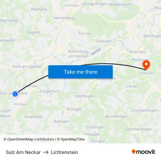 Sulz Am Neckar to Lichtenstein map