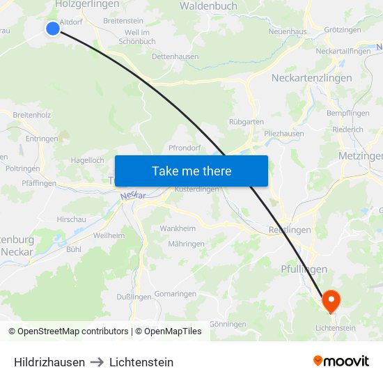 Hildrizhausen to Lichtenstein map