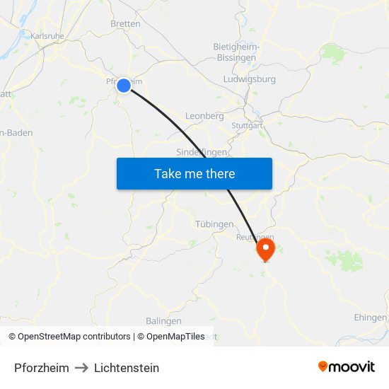 Pforzheim to Lichtenstein map