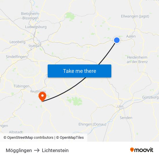 Mögglingen to Lichtenstein map