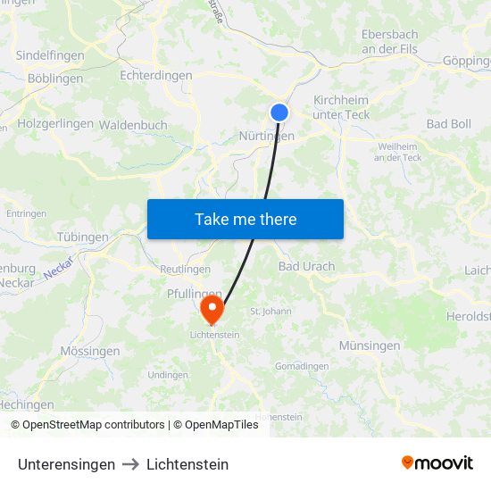 Unterensingen to Lichtenstein map