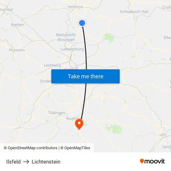 Ilsfeld to Lichtenstein map