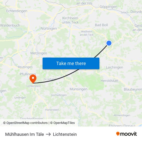 Mühlhausen Im Täle to Lichtenstein map
