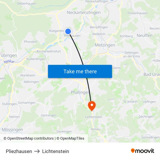 Pliezhausen to Lichtenstein map