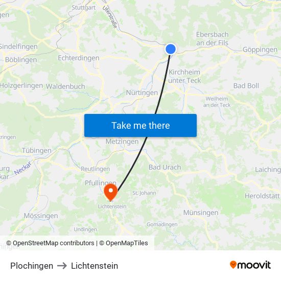 Plochingen to Lichtenstein map