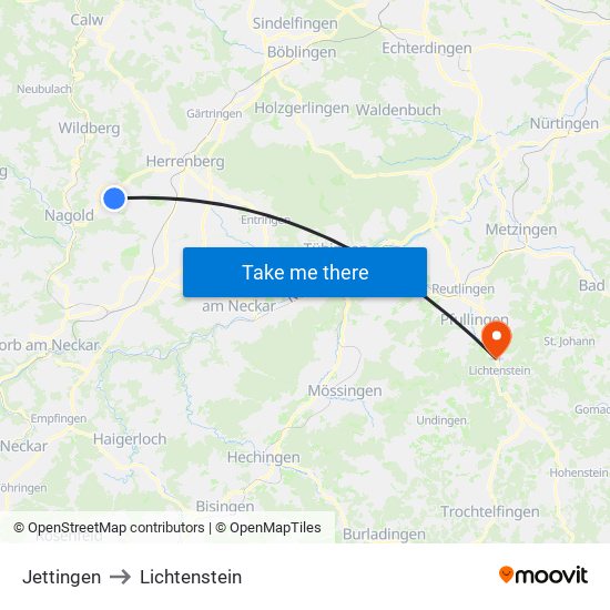 Jettingen to Lichtenstein map