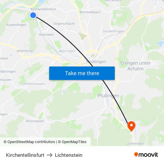 Kirchentellinsfurt to Lichtenstein map