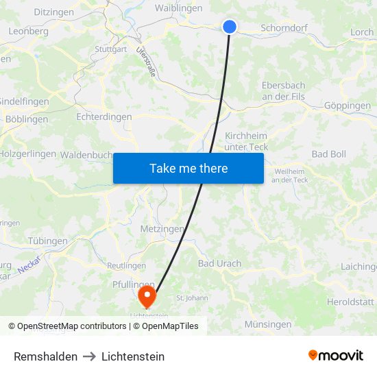 Remshalden to Lichtenstein map