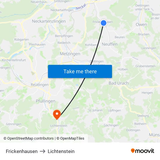 Frickenhausen to Lichtenstein map