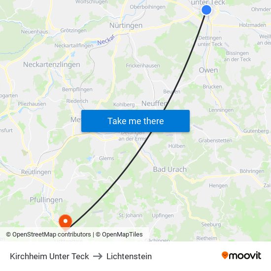 Kirchheim Unter Teck to Lichtenstein map