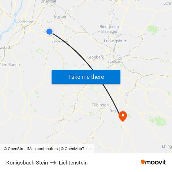 Königsbach-Stein to Lichtenstein map