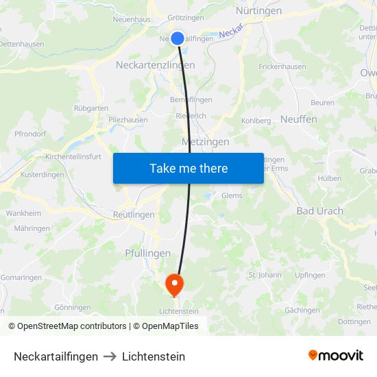 Neckartailfingen to Lichtenstein map