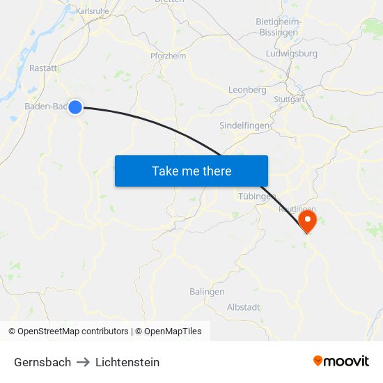 Gernsbach to Lichtenstein map