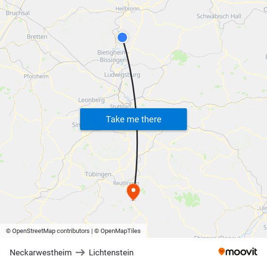Neckarwestheim to Lichtenstein map