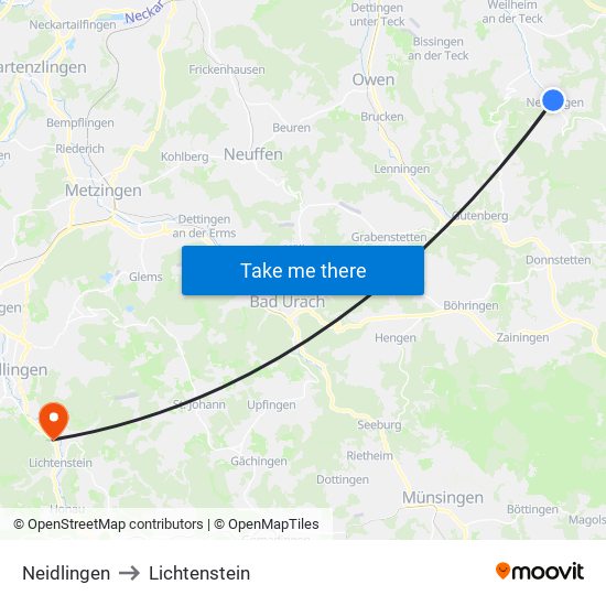 Neidlingen to Lichtenstein map