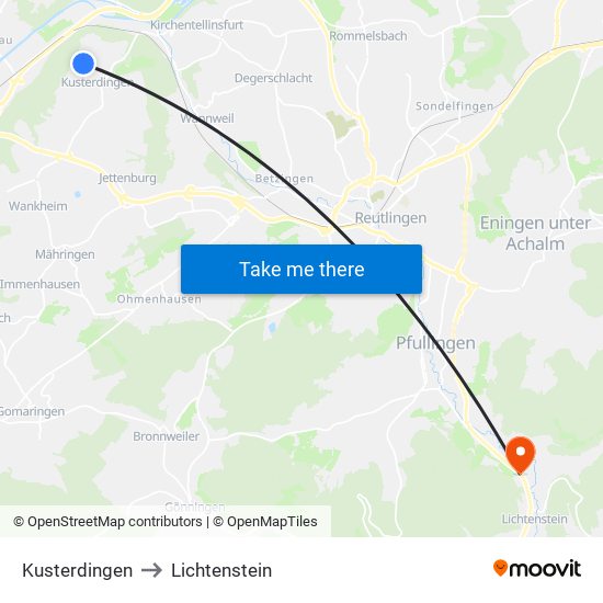 Kusterdingen to Lichtenstein map