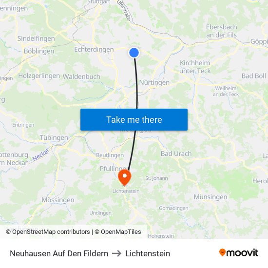Neuhausen Auf Den Fildern to Lichtenstein map
