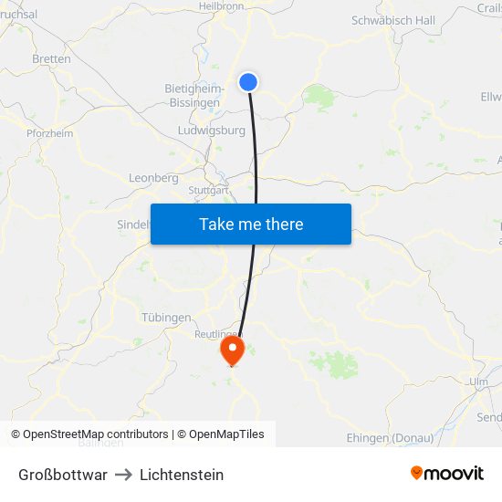 Großbottwar to Lichtenstein map