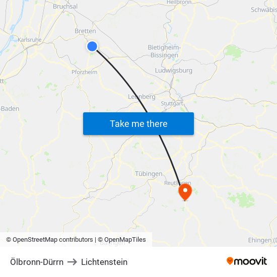 Ölbronn-Dürrn to Lichtenstein map