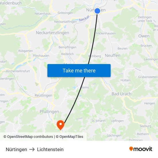 Nürtingen to Lichtenstein map