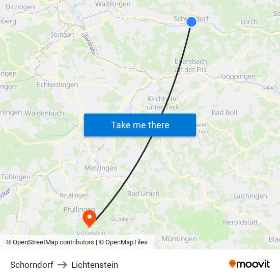 Schorndorf to Lichtenstein map