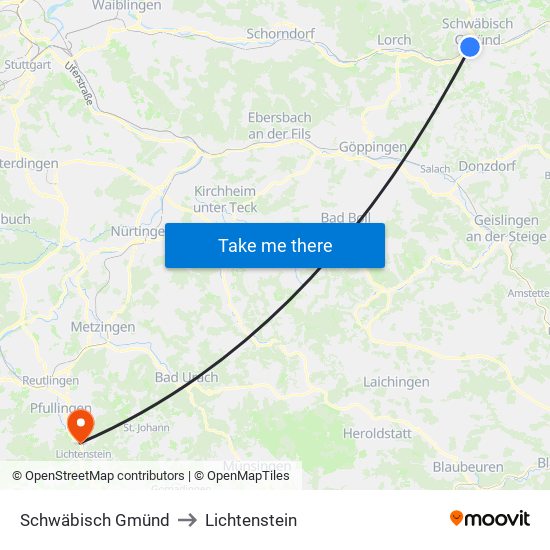 Schwäbisch Gmünd to Lichtenstein map