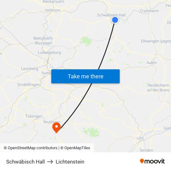 Schwäbisch Hall to Lichtenstein map