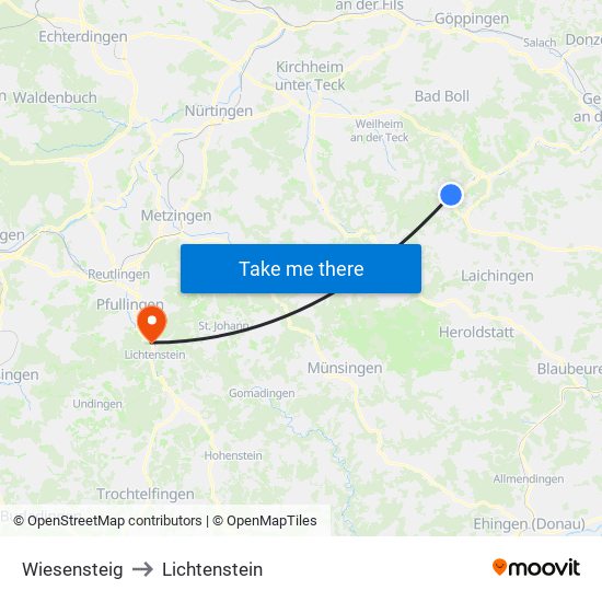 Wiesensteig to Lichtenstein map