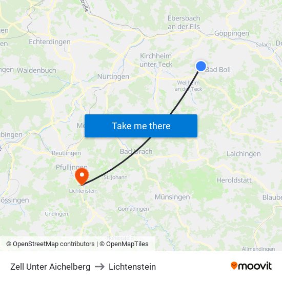 Zell Unter Aichelberg to Lichtenstein map