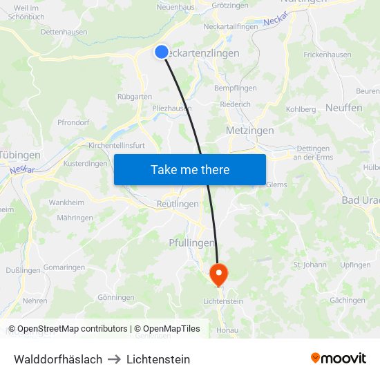 Walddorfhäslach to Lichtenstein map