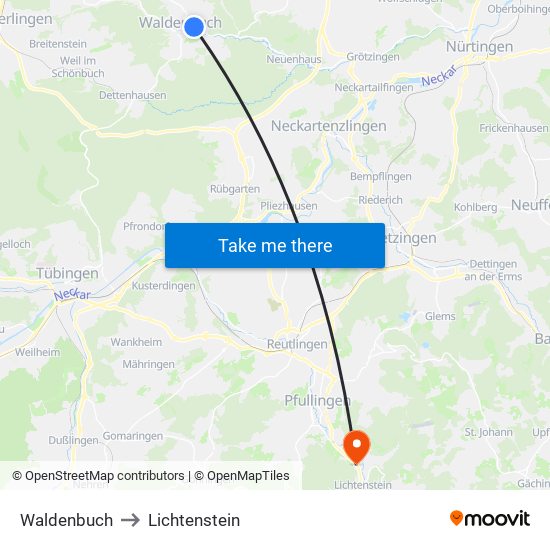 Waldenbuch to Lichtenstein map