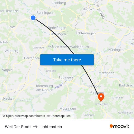 Weil Der Stadt to Lichtenstein map