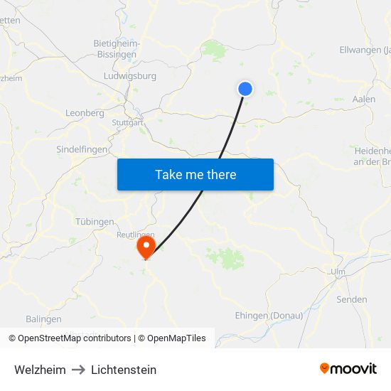 Welzheim to Lichtenstein map