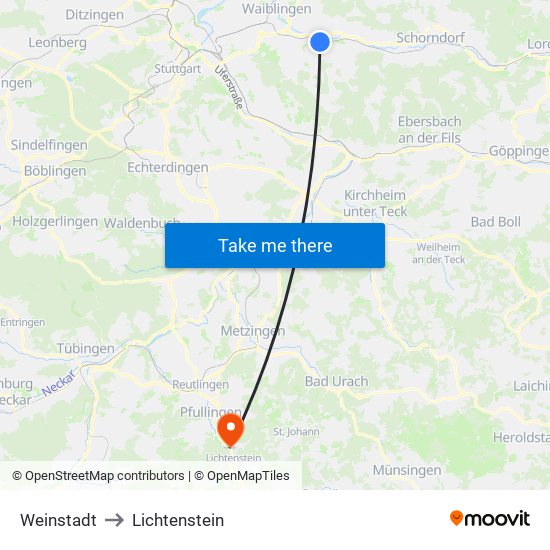 Weinstadt to Lichtenstein map