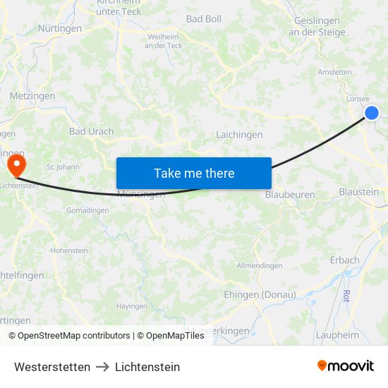 Westerstetten to Lichtenstein map