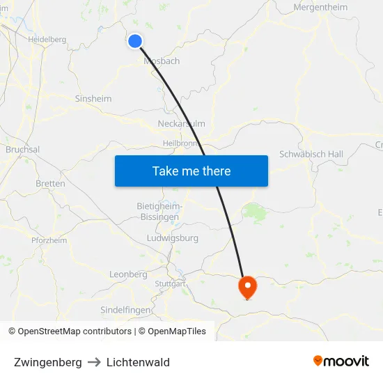 Zwingenberg to Lichtenwald map