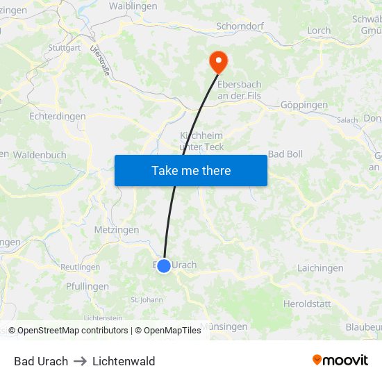 Bad Urach to Lichtenwald map