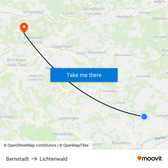 Bernstadt to Lichtenwald map