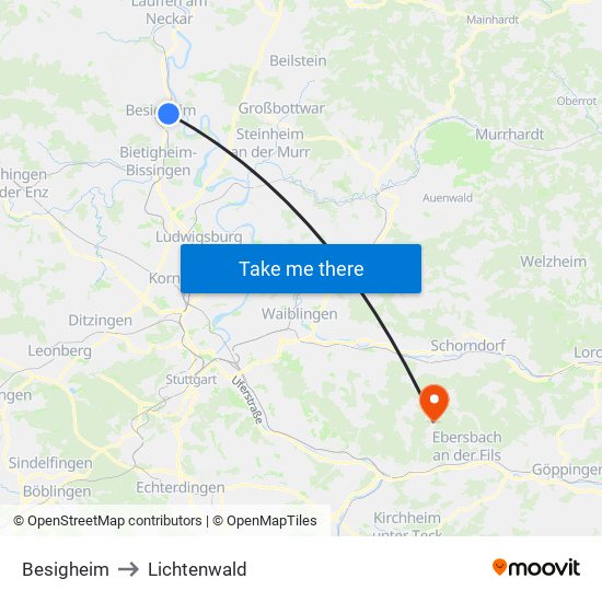 Besigheim to Lichtenwald map