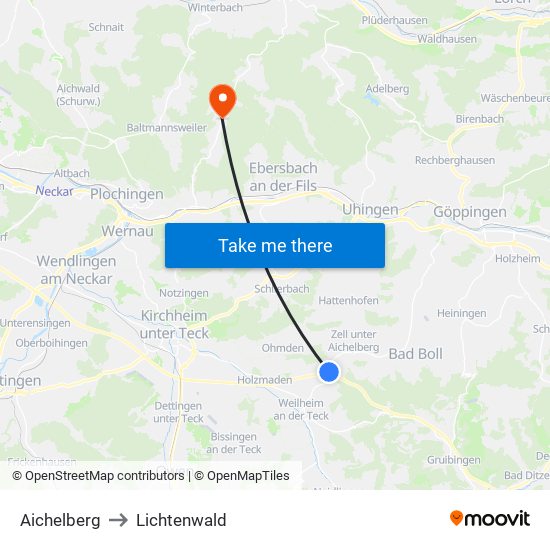 Aichelberg to Lichtenwald map