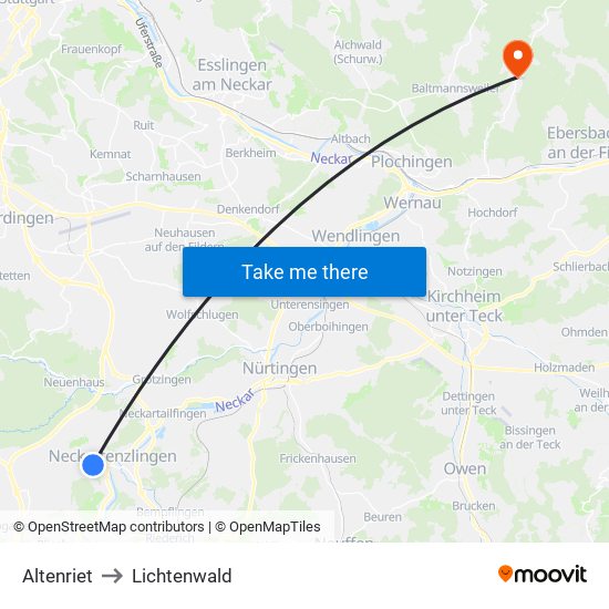 Altenriet to Lichtenwald map